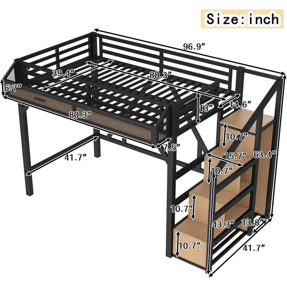 Bed With Storage Steps LED USB Ports Metal Frame Wardrobe