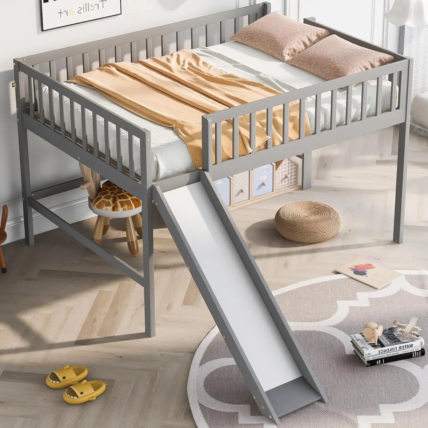 Loft Bed With Slide For Kids In Wood Durable Design