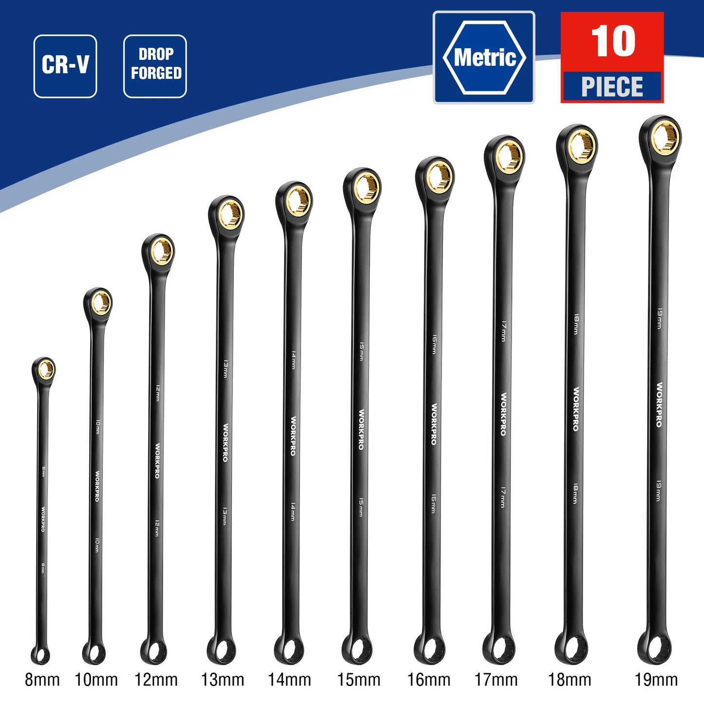 WORKPRO 10 Piece 72 Tooth Extra Long Ratcheting Wrench Set