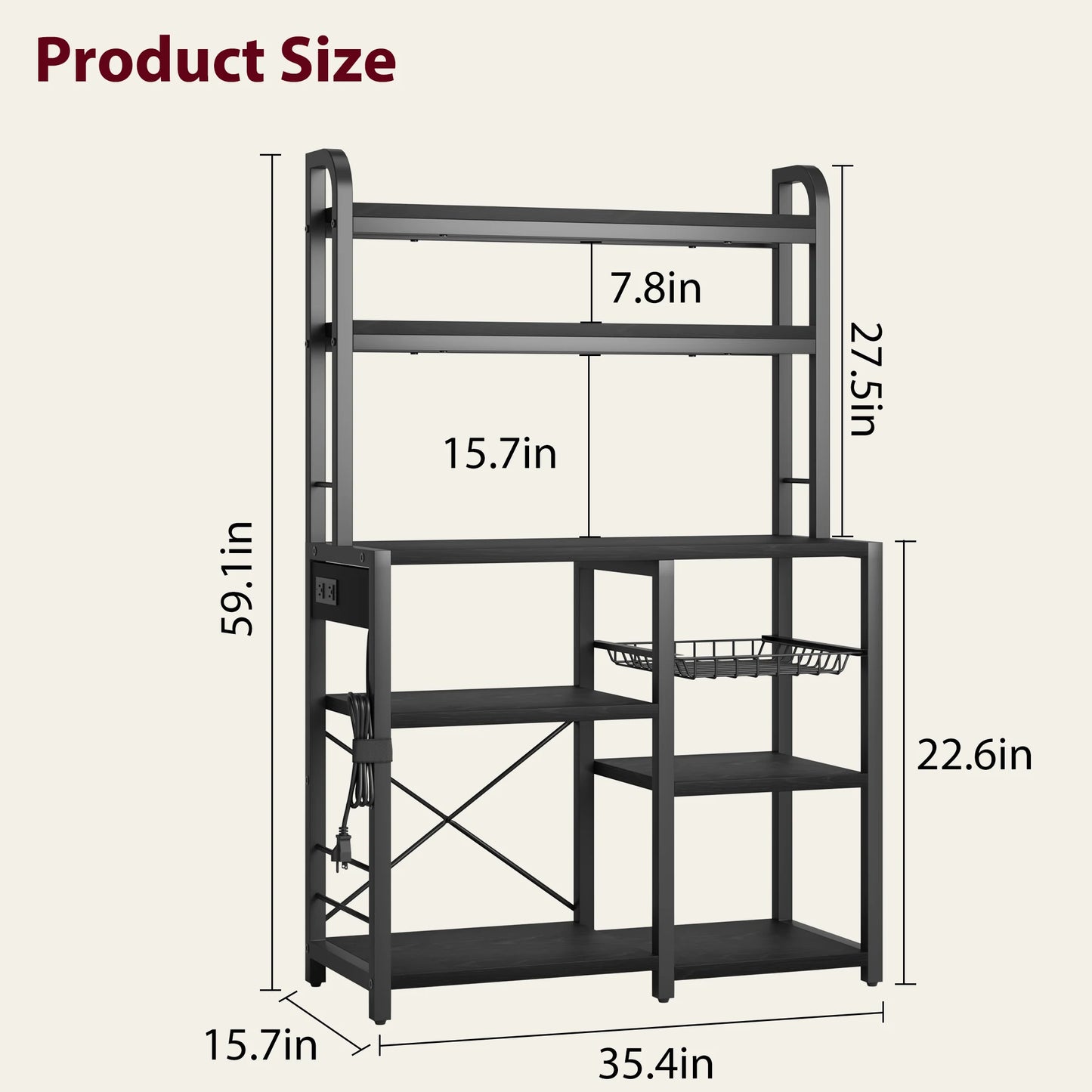 Six Tier Bakers Rack With Power Outlet And Wire Drawer