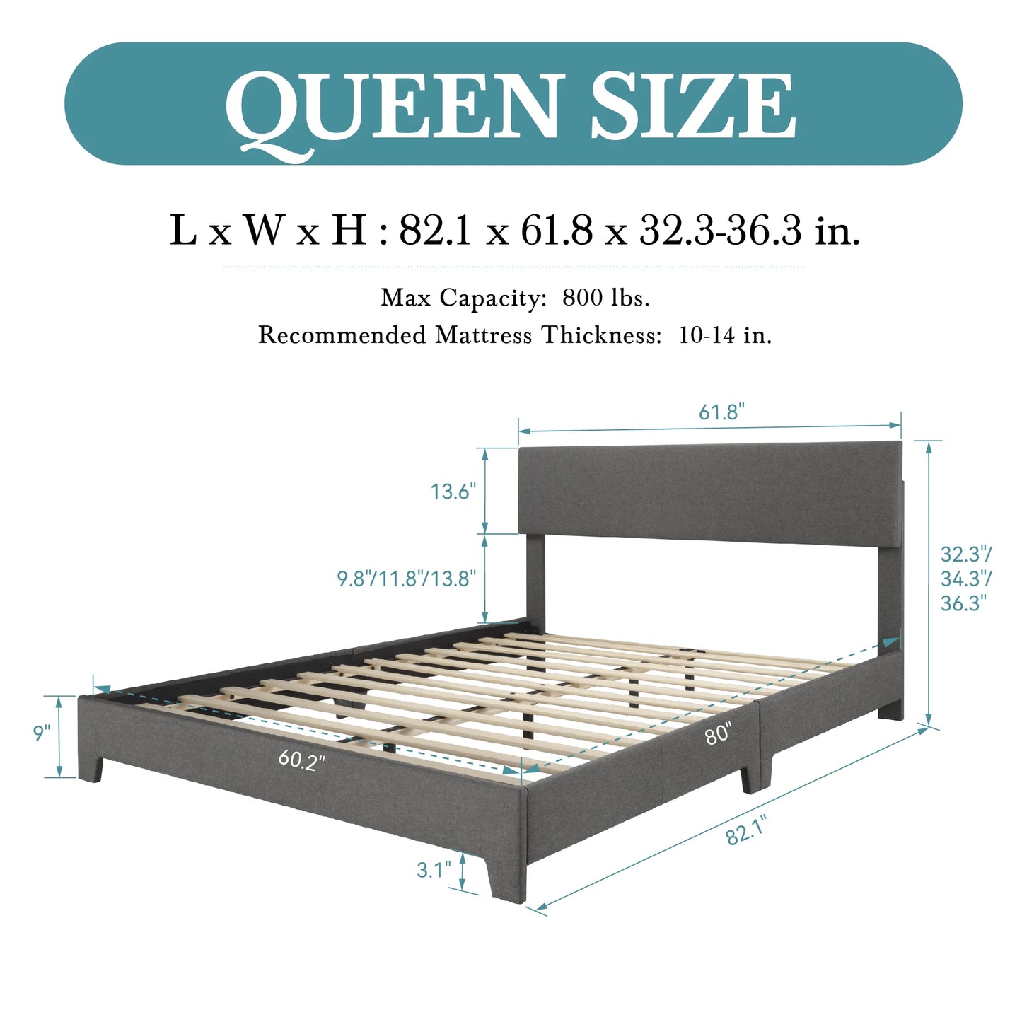 HOOMIC Upholstered Bed Frame With Adjustable Linen Headboard And Slats