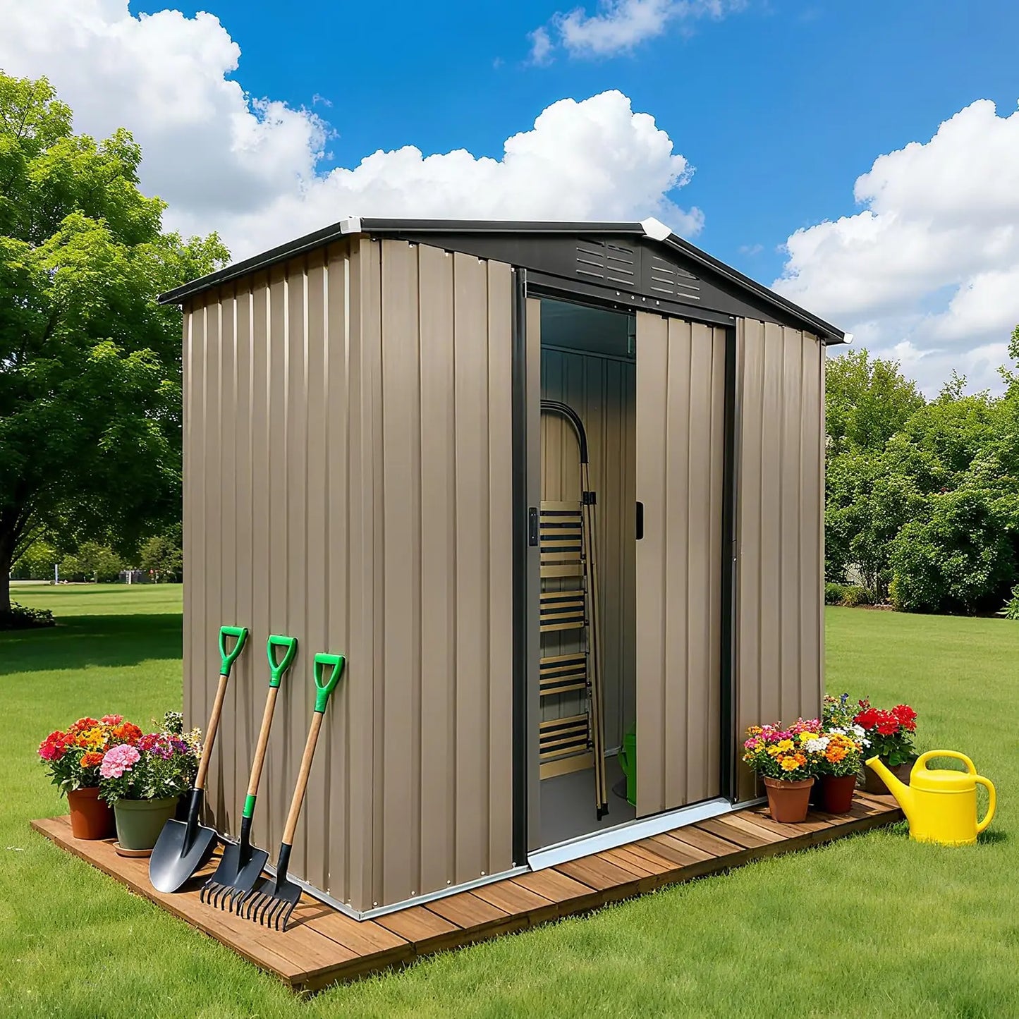Outdoor Metal Storage Shed With Sloped Roof Lockable Aluminum Frame Garden