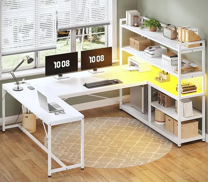 L Shaped Desk With Storage Shelves And Power Outlet