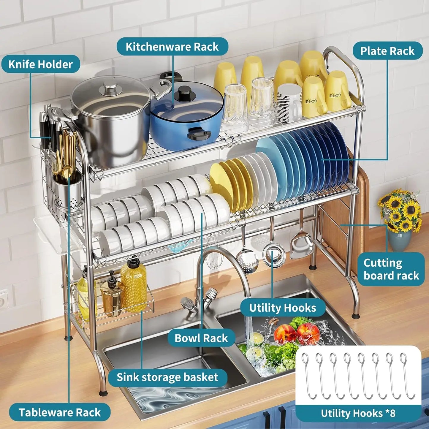 Stainless Steel Over Sink Dish Rack With Utensil Holder
