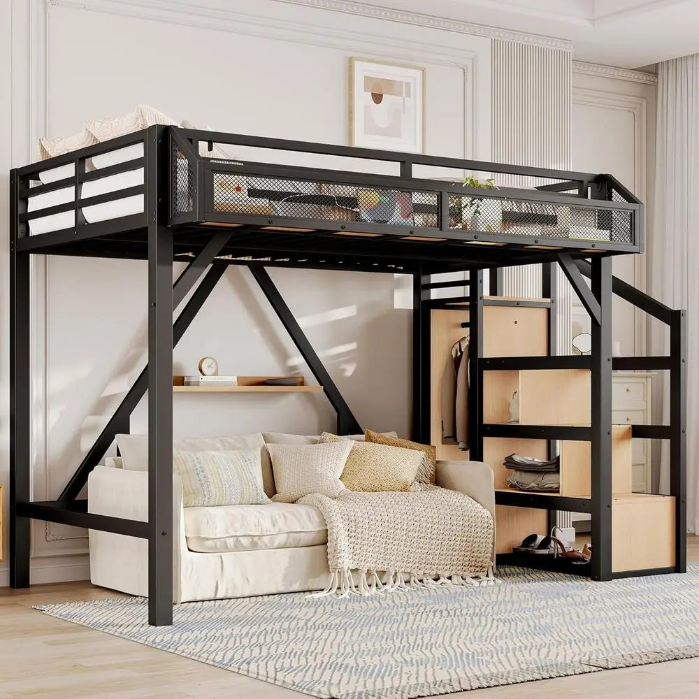 Bed With Storage Steps LED USB Ports Metal Frame Wardrobe