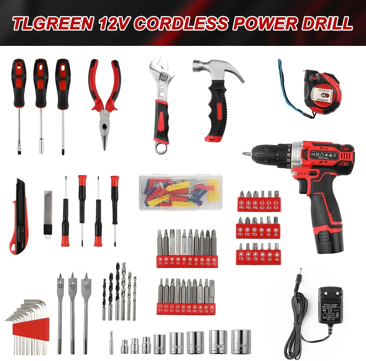TLGREEN 138 Piece Power Tool Set With 12V Cordless Drill