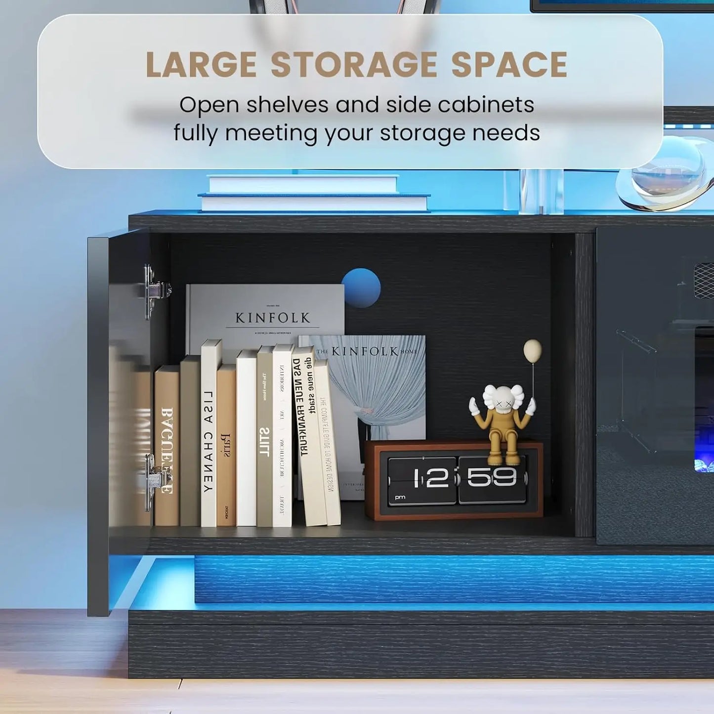 Modern Fireplace TV Stand With Glass Doors And Storage