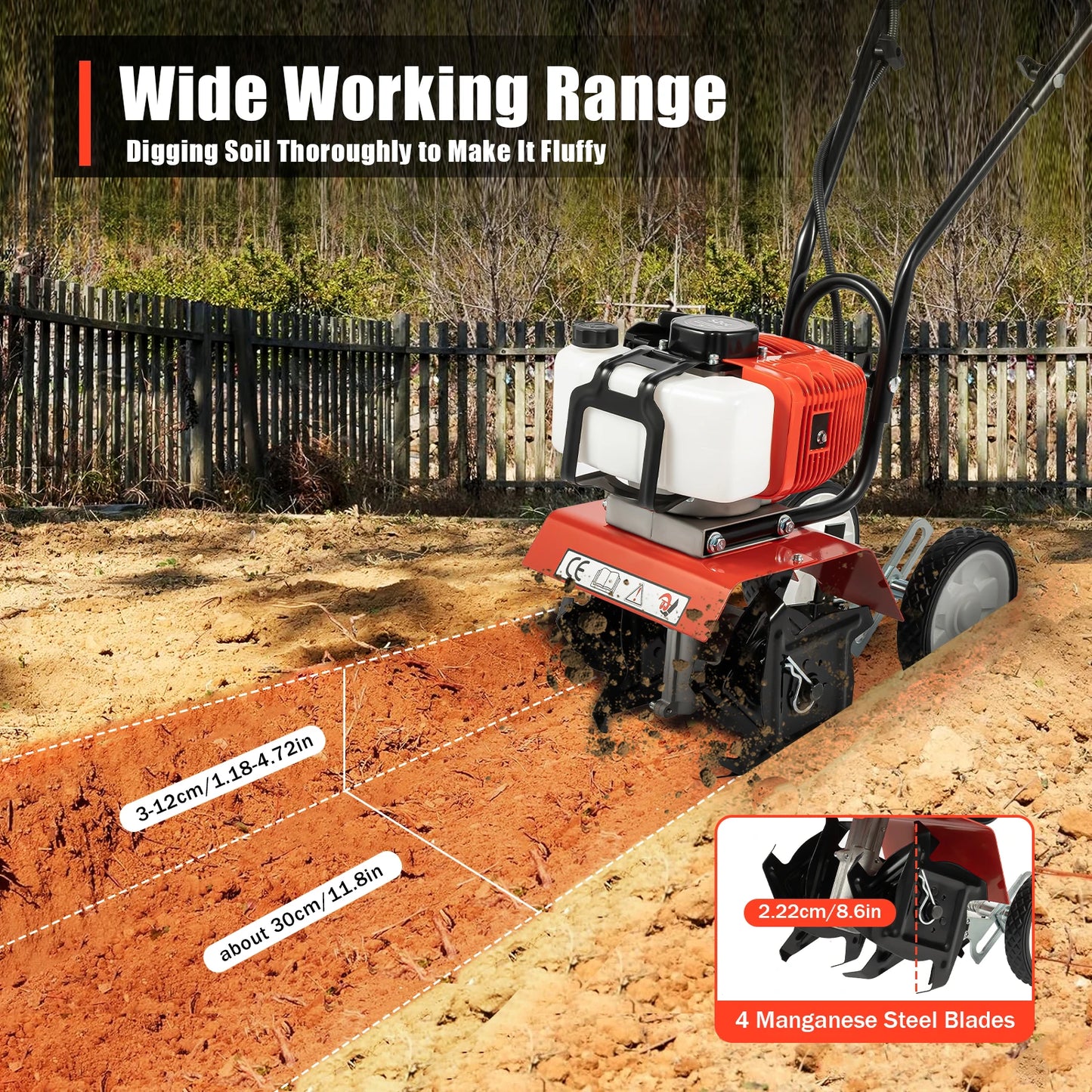 Bymaocar Gas Tiller 1.9KW 2-Stroke For Yard And Garden