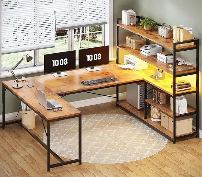 L Shaped Desk With Storage Shelves And Power Outlet