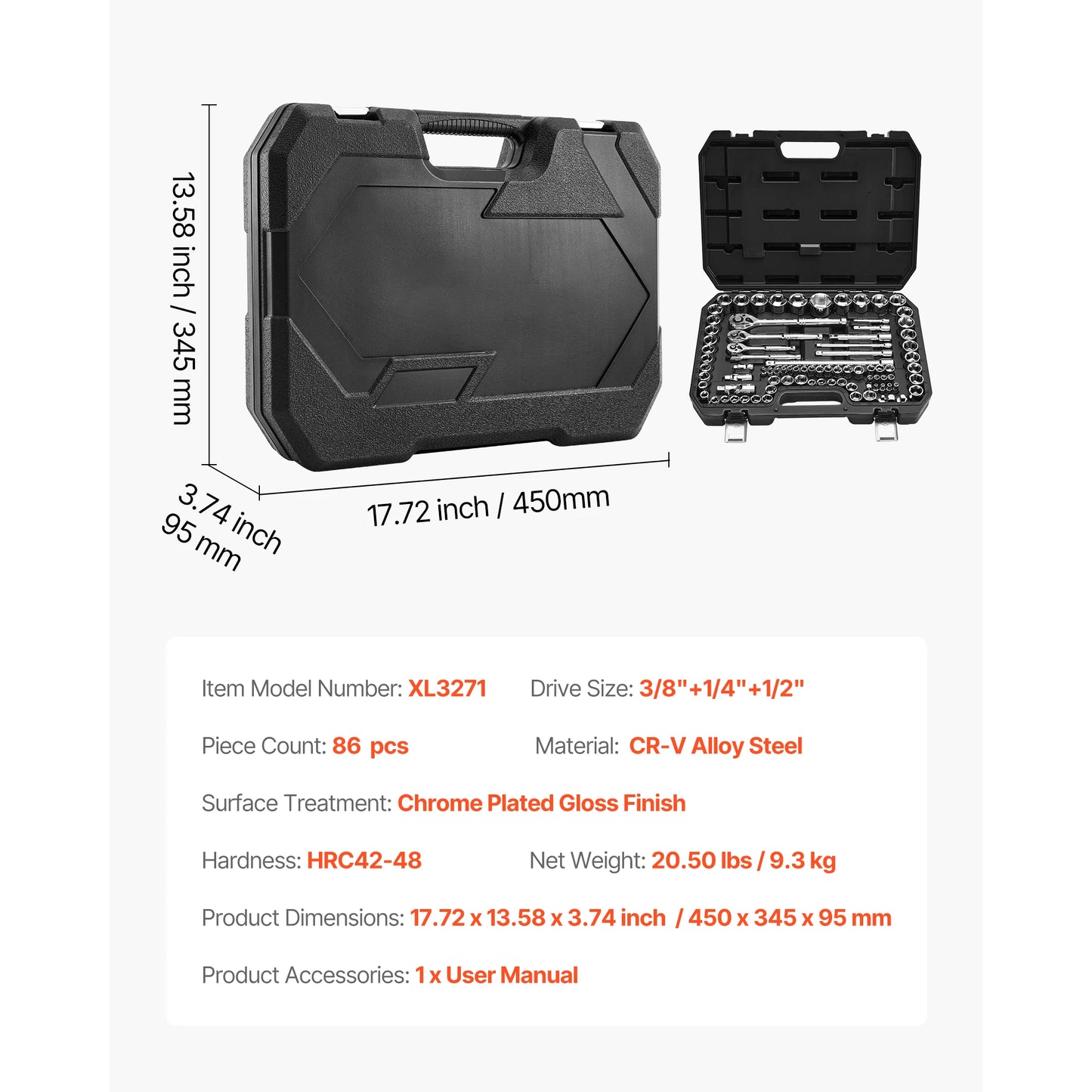 SucceBuy Socket Set 86 Piece 3/8 1/4 1/2 Inch Drive
