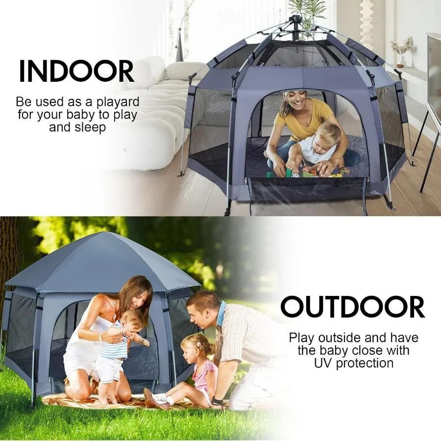 Portable Lightweight Pop Up Playpen With Canopy And Travel Bag
