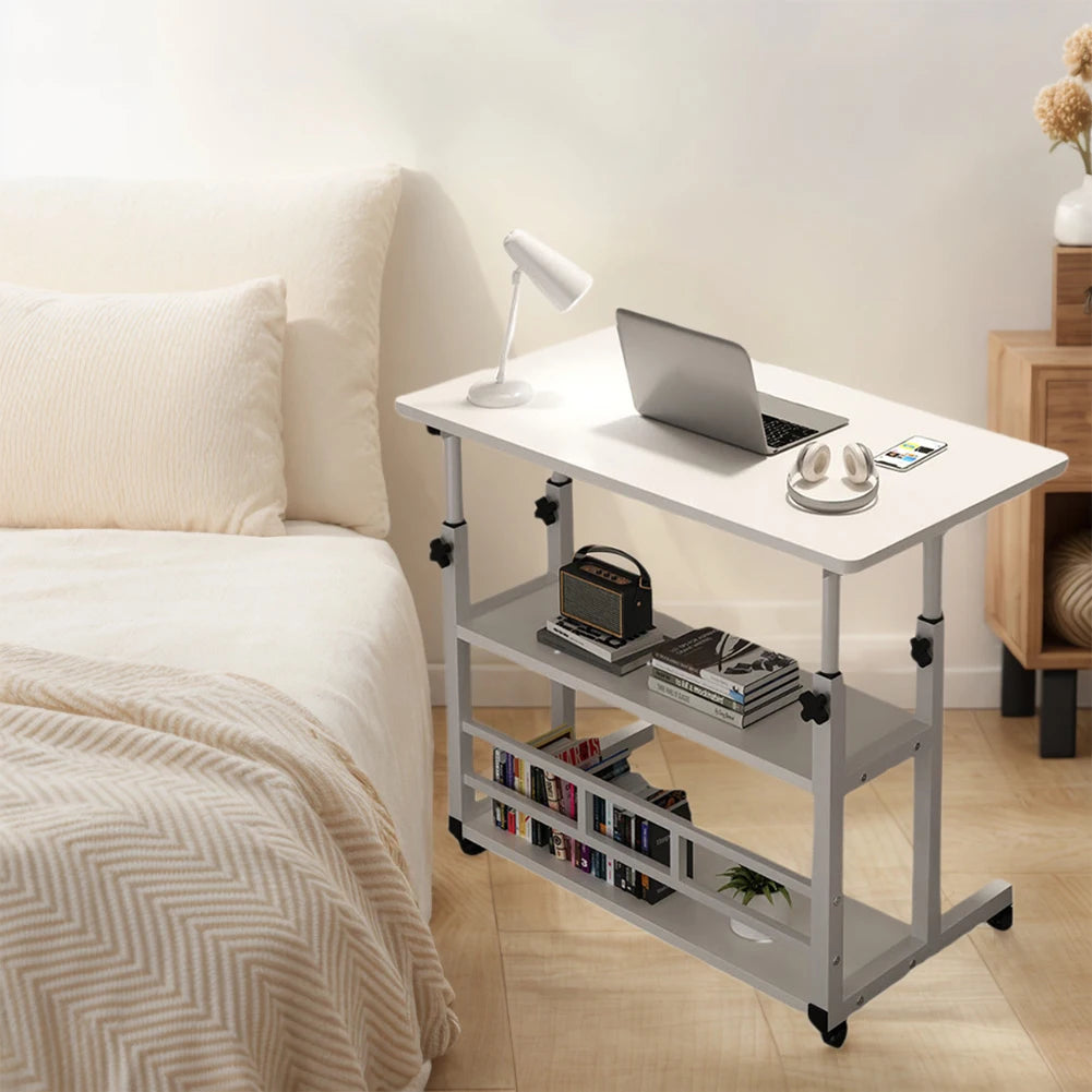 Adjustable Bedside Laptop Desk With Rolling Wheels And Multi Layer Storage