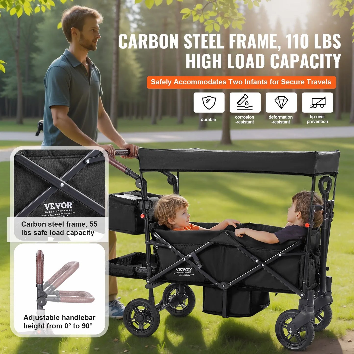 Quad Wagon Stroller For Two Kids, Collapsible With Adjustable Handle