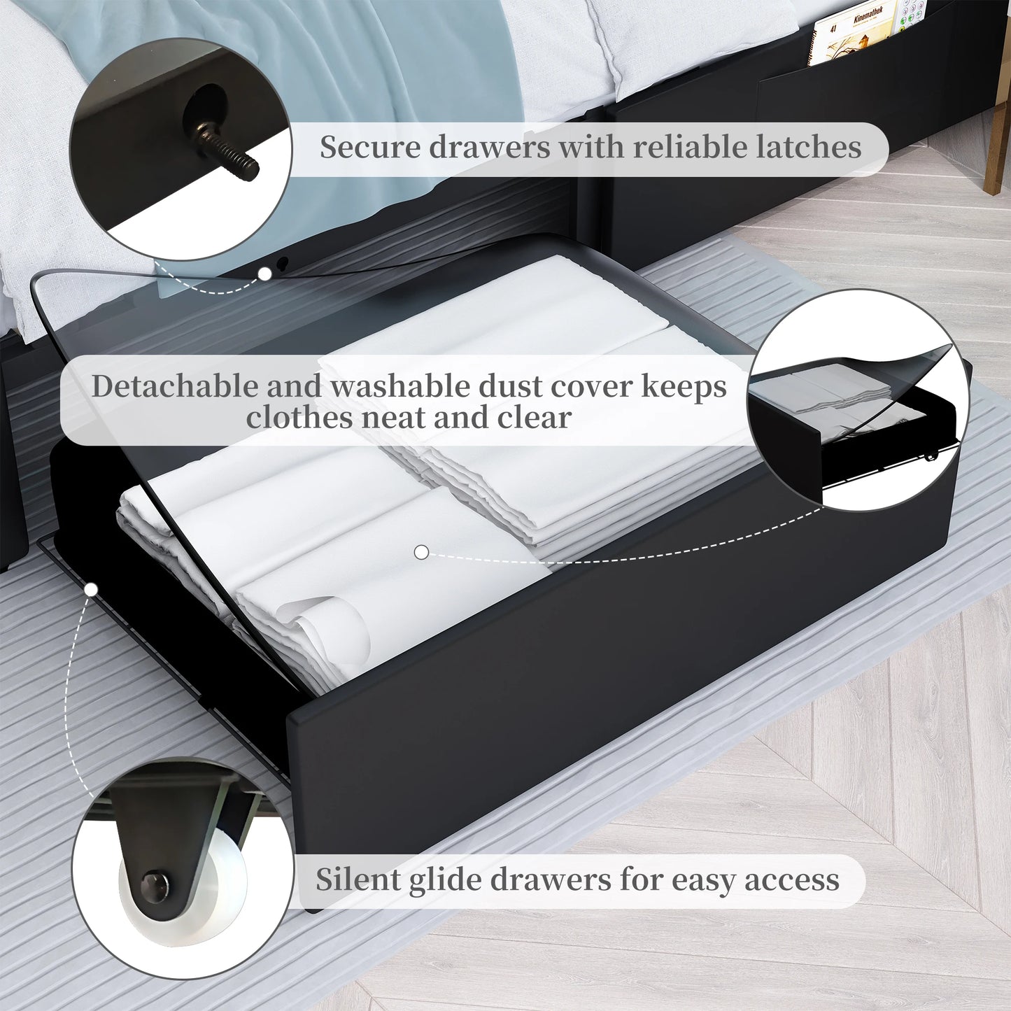 Queen LED PU Bed Frame With Storage Drawers And Pockets