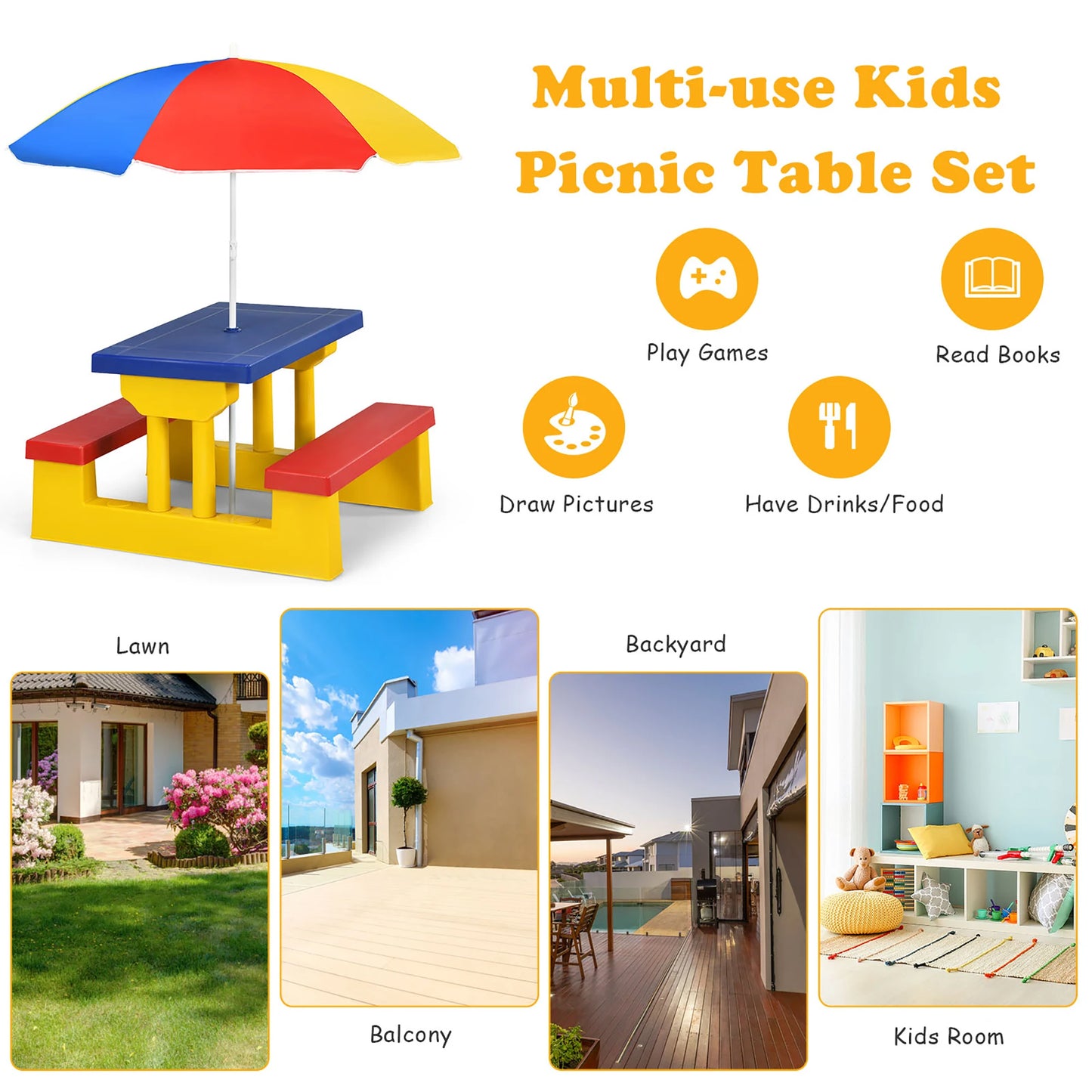HOMASIS Kids Picnic Table Set With Removable Umbrella Indoor Outdoor