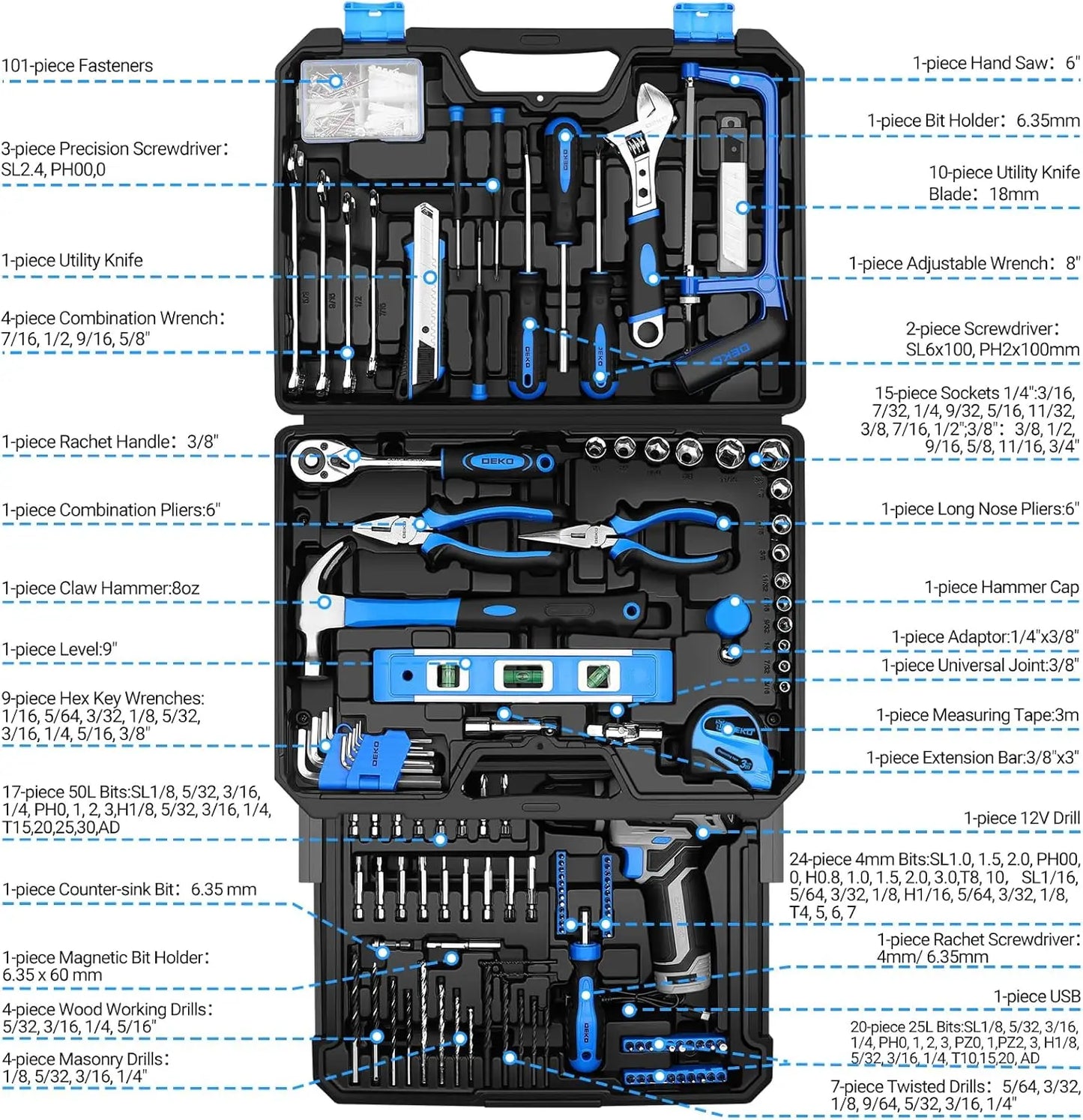 DEKO 12V Power Cordless Drill Mechanic Toolbox With Accessories Kit