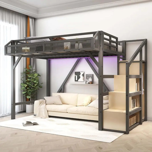 Bed With Storage Steps LED USB Ports Metal Frame Wardrobe