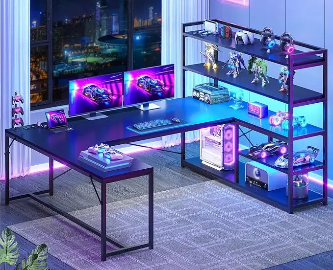 L Shaped Desk With Storage Shelves And Power Outlet