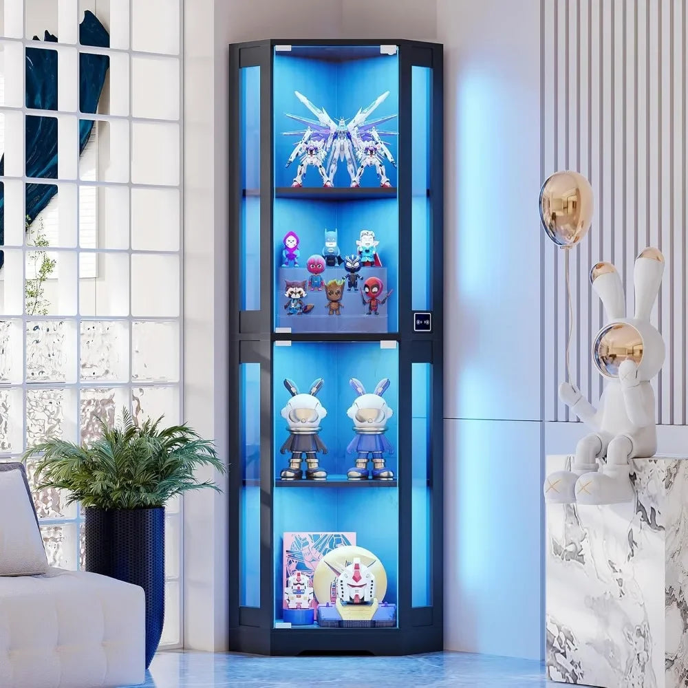Corner Glass Display Cabinet with LED Lights, 4-Tier Showcase