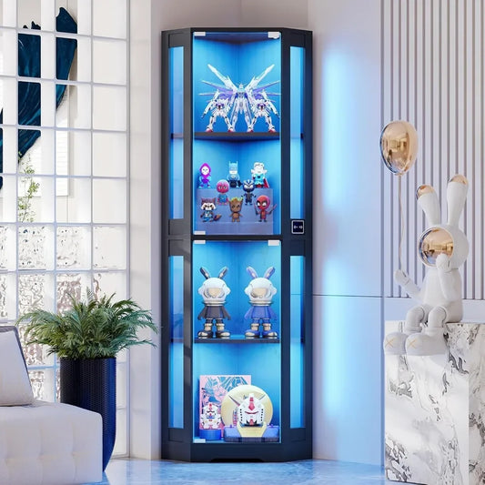 Corner Glass Display Cabinet with LED Lights, 4-Tier Showcase