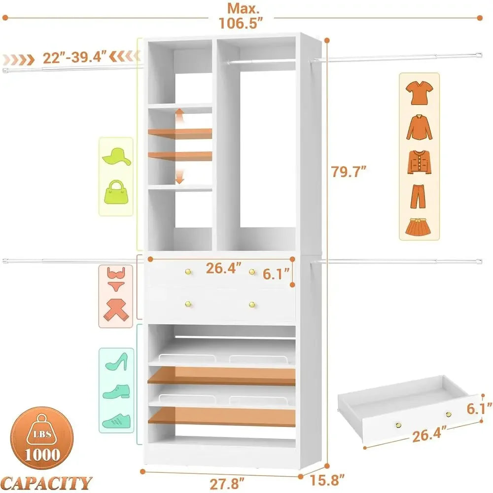 Adjustable Walk-In Closet Organizer With Shelves And Rods