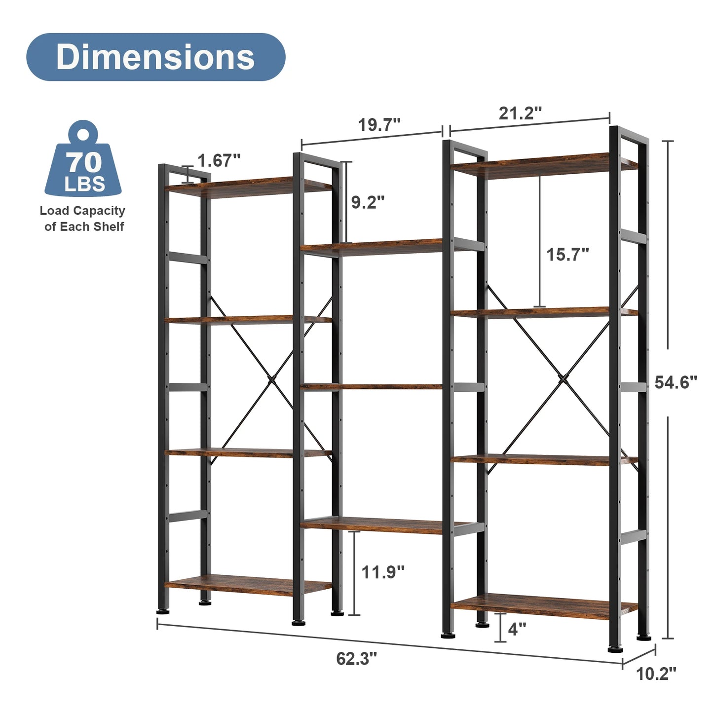 JHK 4 Tier Wide Display Bookshelf With Adjustable Shelves