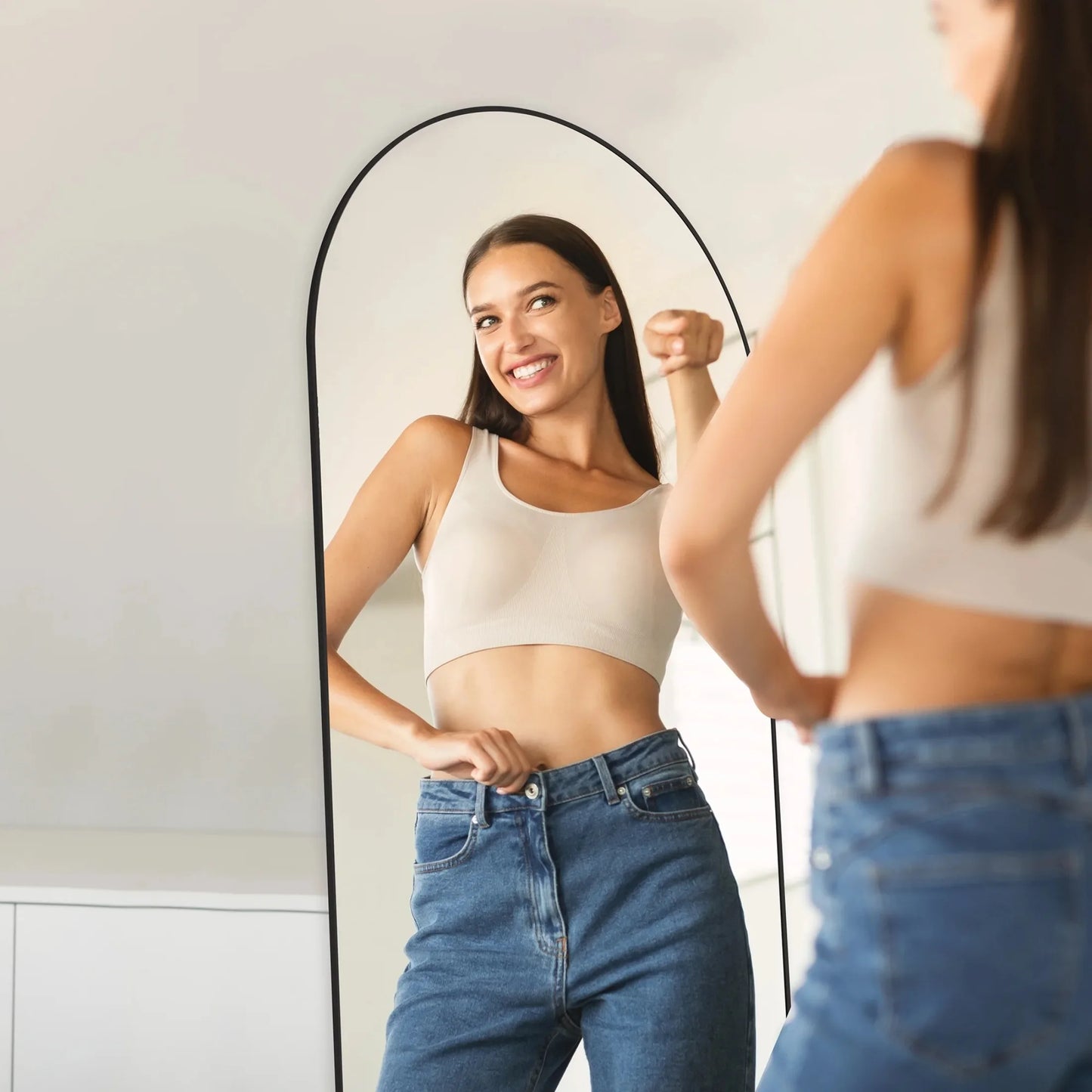 Arched Full-Length Mirror With Aluminum Frame For Standing Bedroom Use