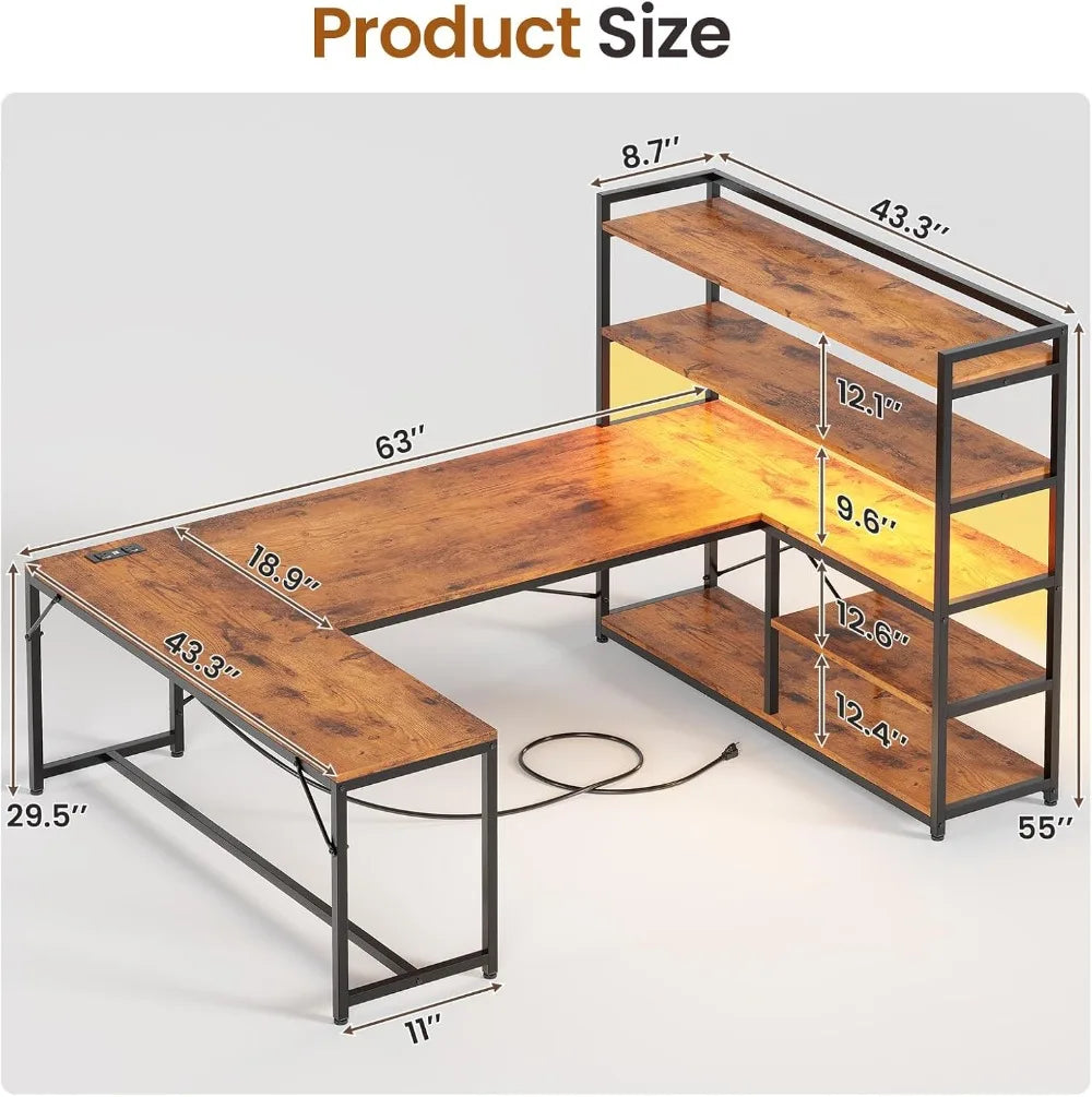 L Shaped Desk With Storage Shelves And Power Outlet