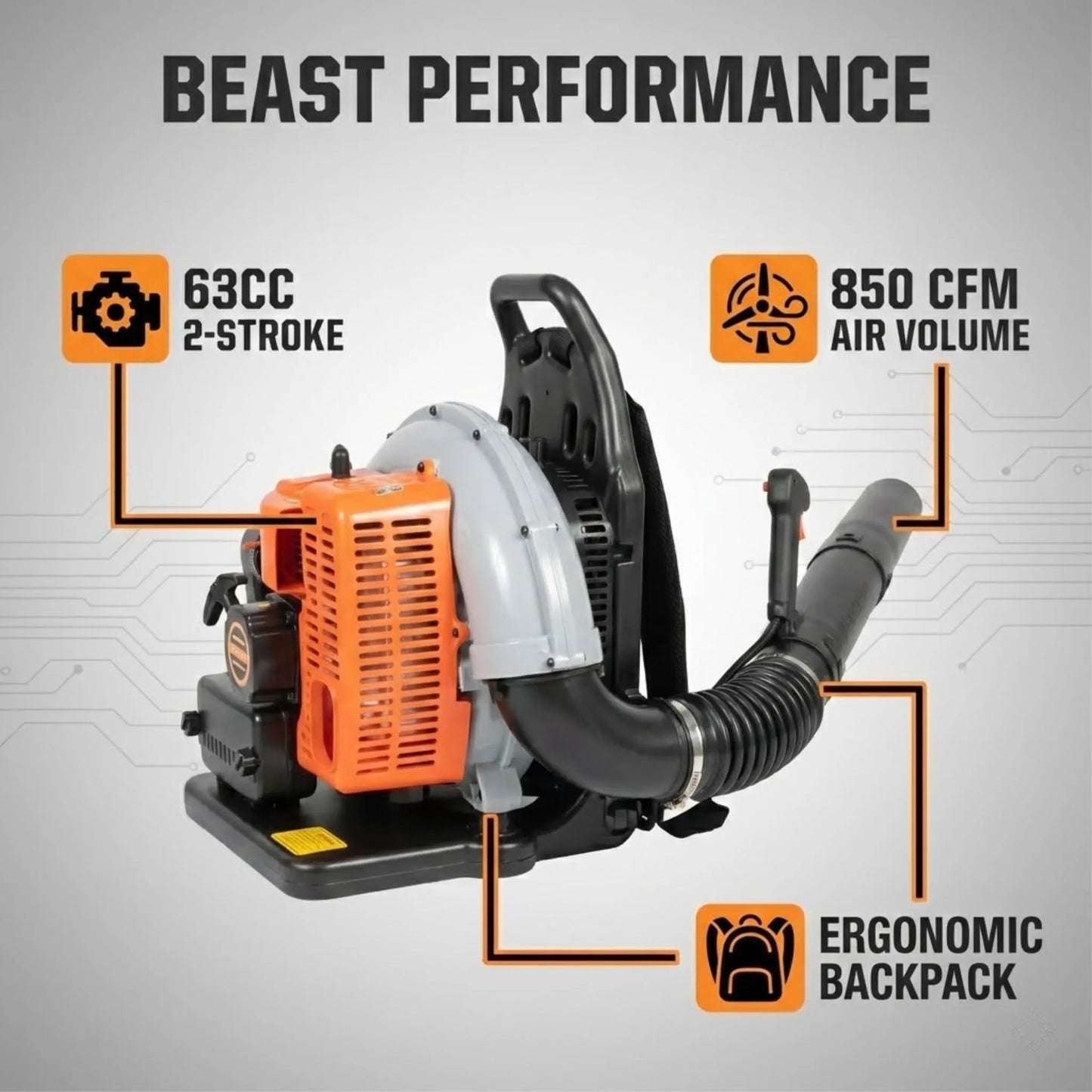 63CC Backpack Gas Leaf Blower 850CFM Commercial Heavy Duty