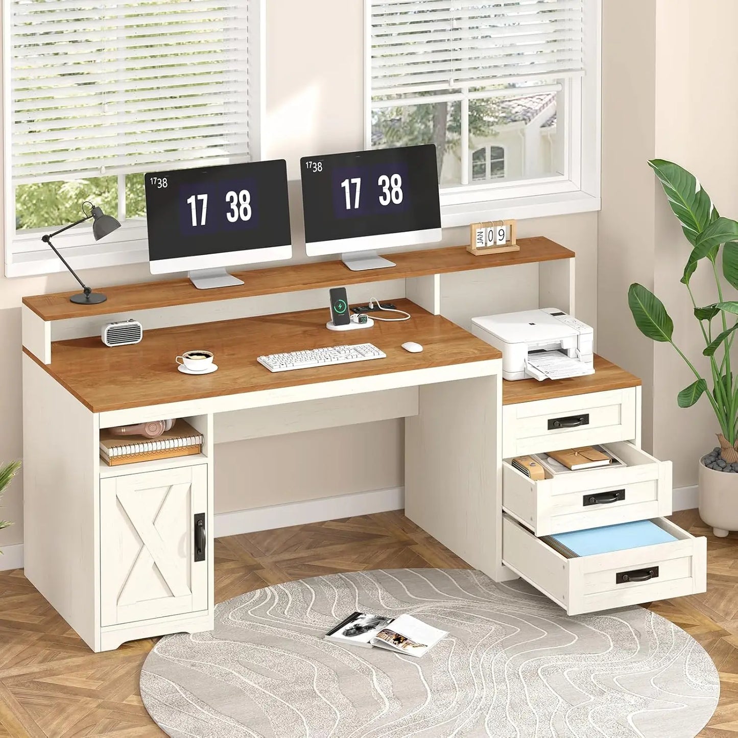 MOYU Farmhouse Computer Desk With Drawers And Printer Stand