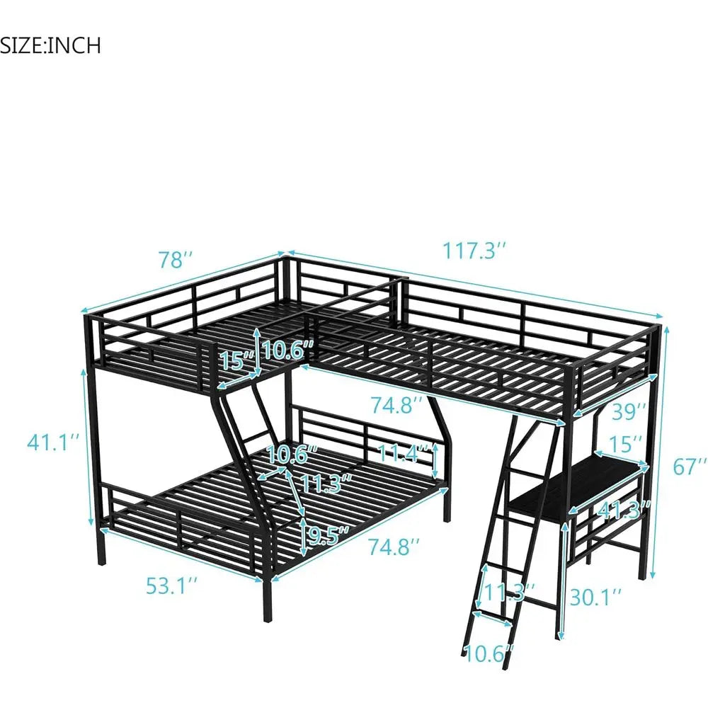 Triple Bunk Bed With DeskHub Twin Over Full For Kids
