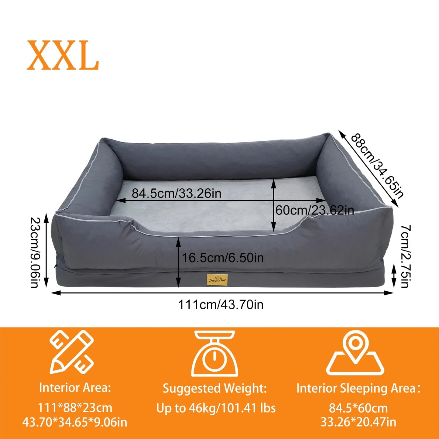 BINGOPAW Orthopedic Rectangular Dog Bed With Bolster Washable Removable Cover