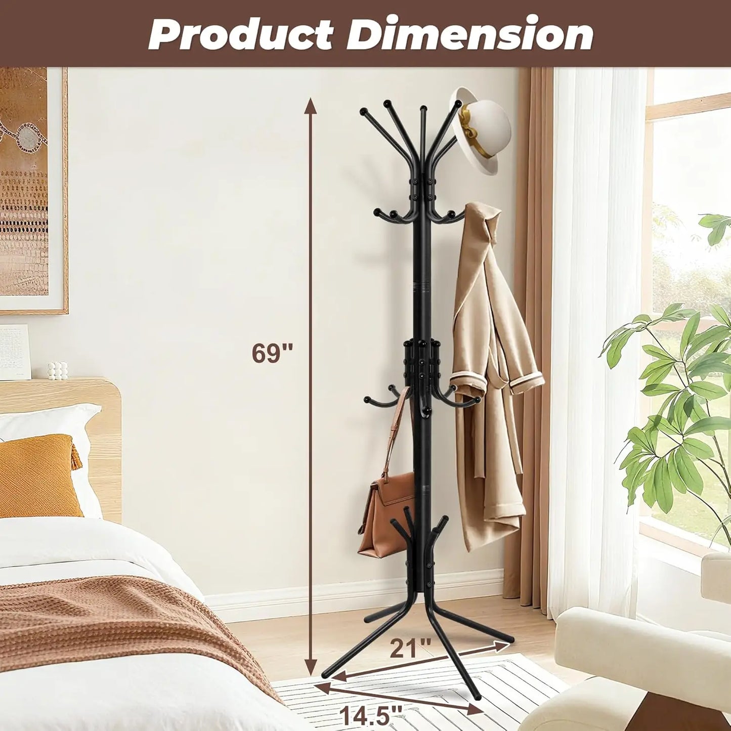 Freestanding Coat Rack With 15 Hooks Metal Hall Tree For Entryway