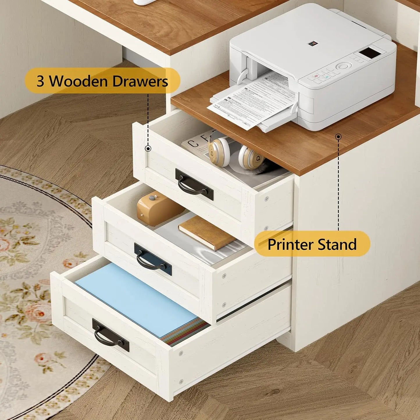 MOYU Farmhouse Computer Desk With Drawers And Printer Stand