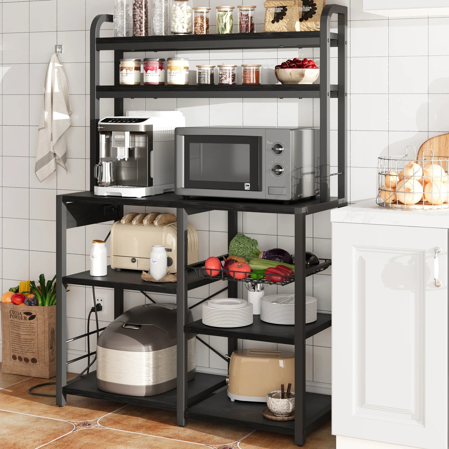 Six Tier Bakers Rack With Power Outlet And Wire Drawer