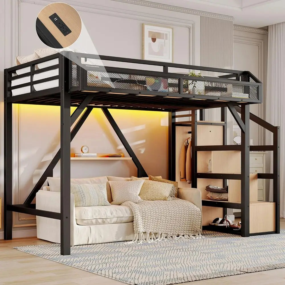 Bed With Storage Steps LED USB Ports Metal Frame Wardrobe