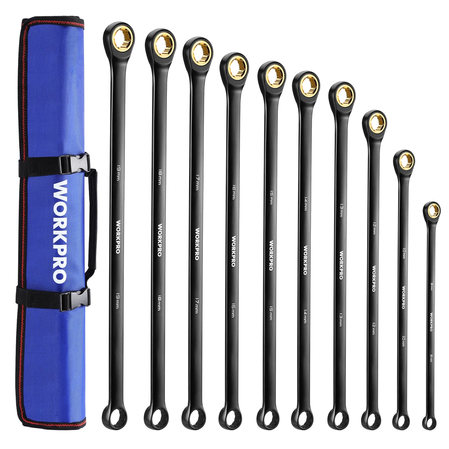 WORKPRO 10 Piece 72 Tooth Extra Long Ratcheting Wrench Set