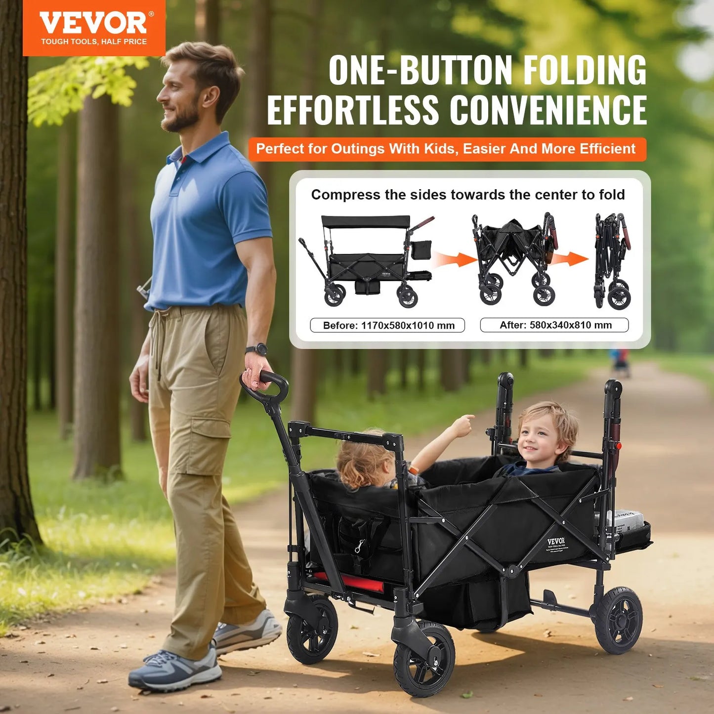 Quad Wagon Stroller For Two Kids, Collapsible With Adjustable Handle