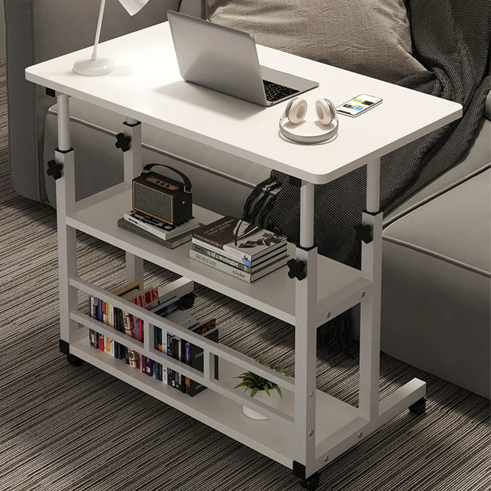 Adjustable Bedside Laptop Desk With Rolling Wheels And Multi Layer Storage