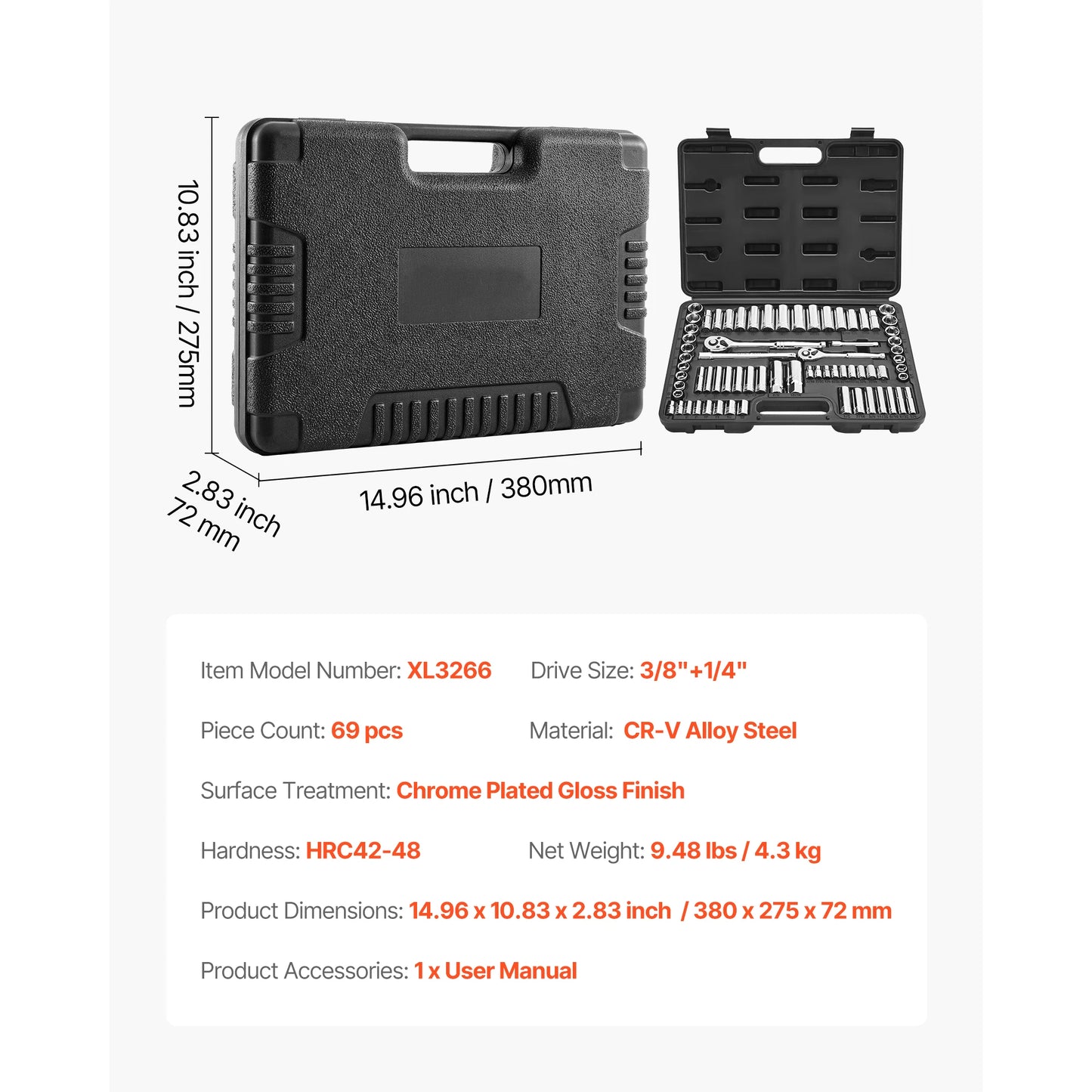 SucceBuy Socket Set 86 Piece 3/8 1/4 1/2 Inch Drive