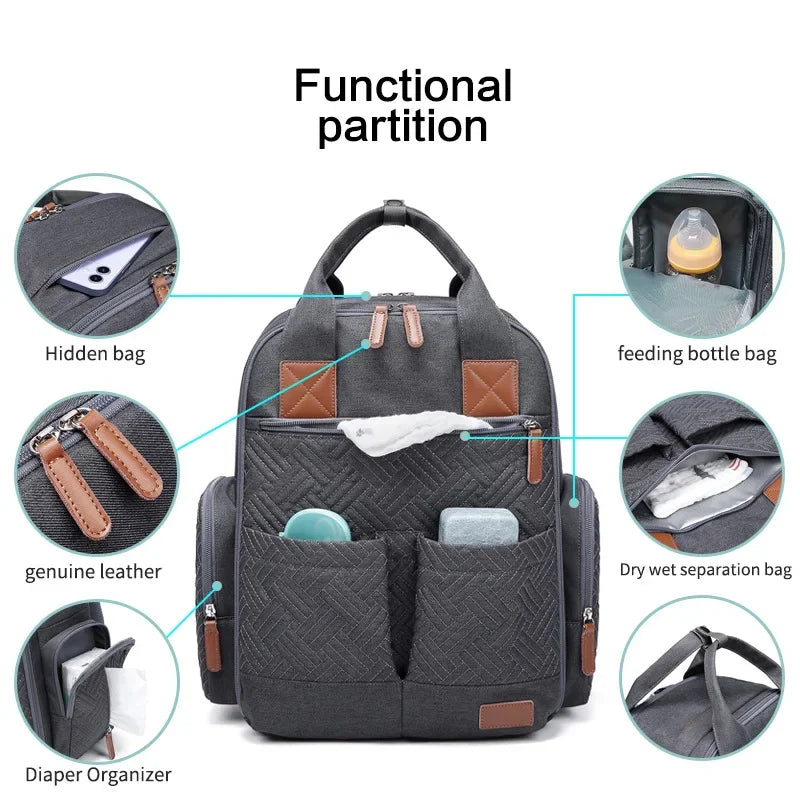 Denim Diaper Backpack With Changing Mat For Moms Large Capacity