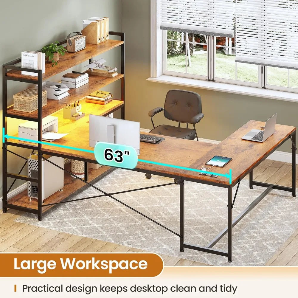 L Shaped Desk With Storage Shelves And Power Outlet