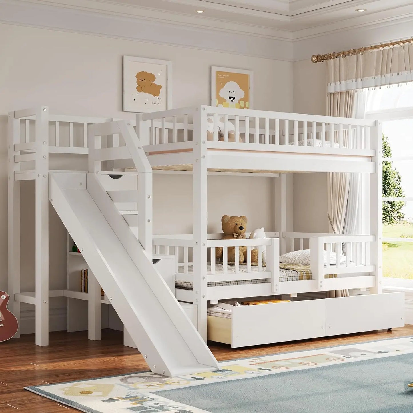 Twin Over Twin Bunk Bed With Slide Staircase And Drawers