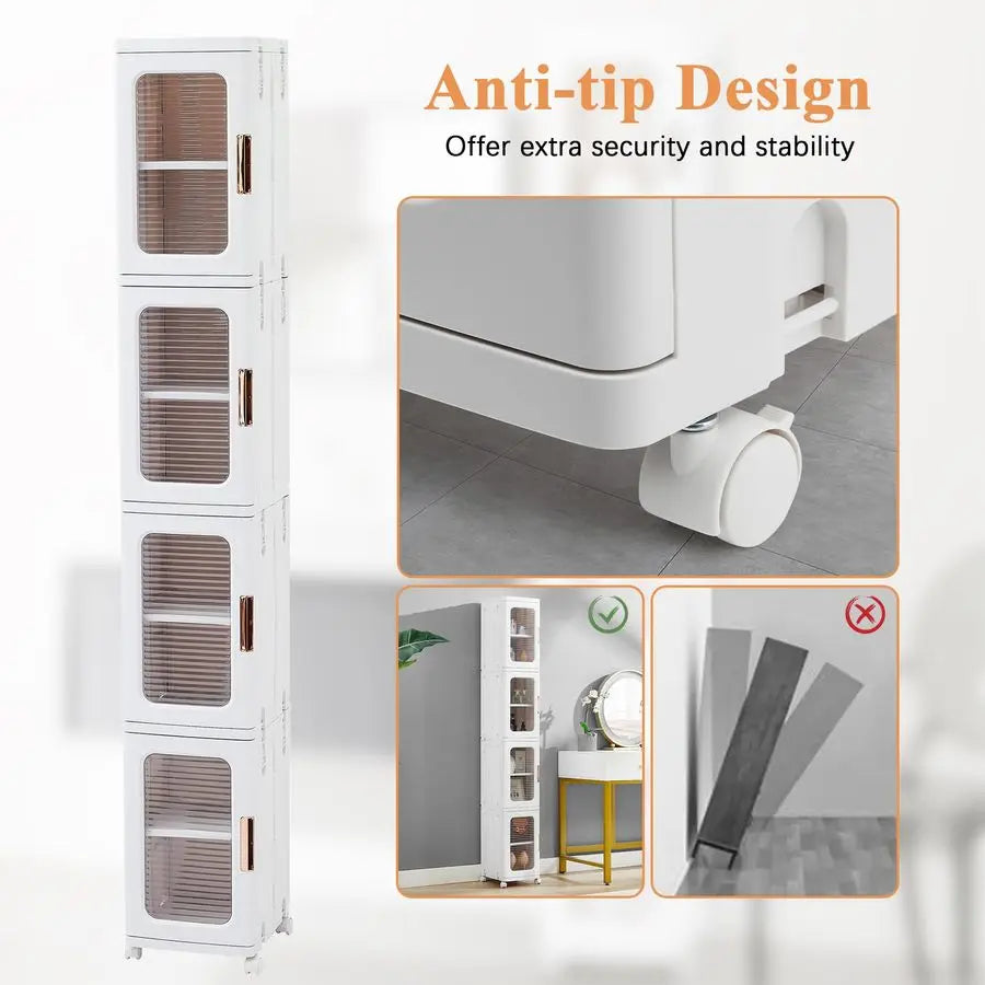 Four-Tier Tall Narrow Storage Cabinet With Wheels And Adjustable Shelves