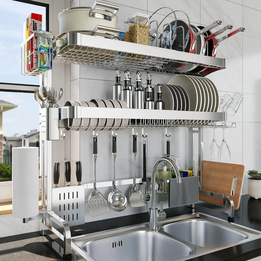Over-Sink Dish Drying Rack, 3-Tier Adjustable Stainless Steel Organizer