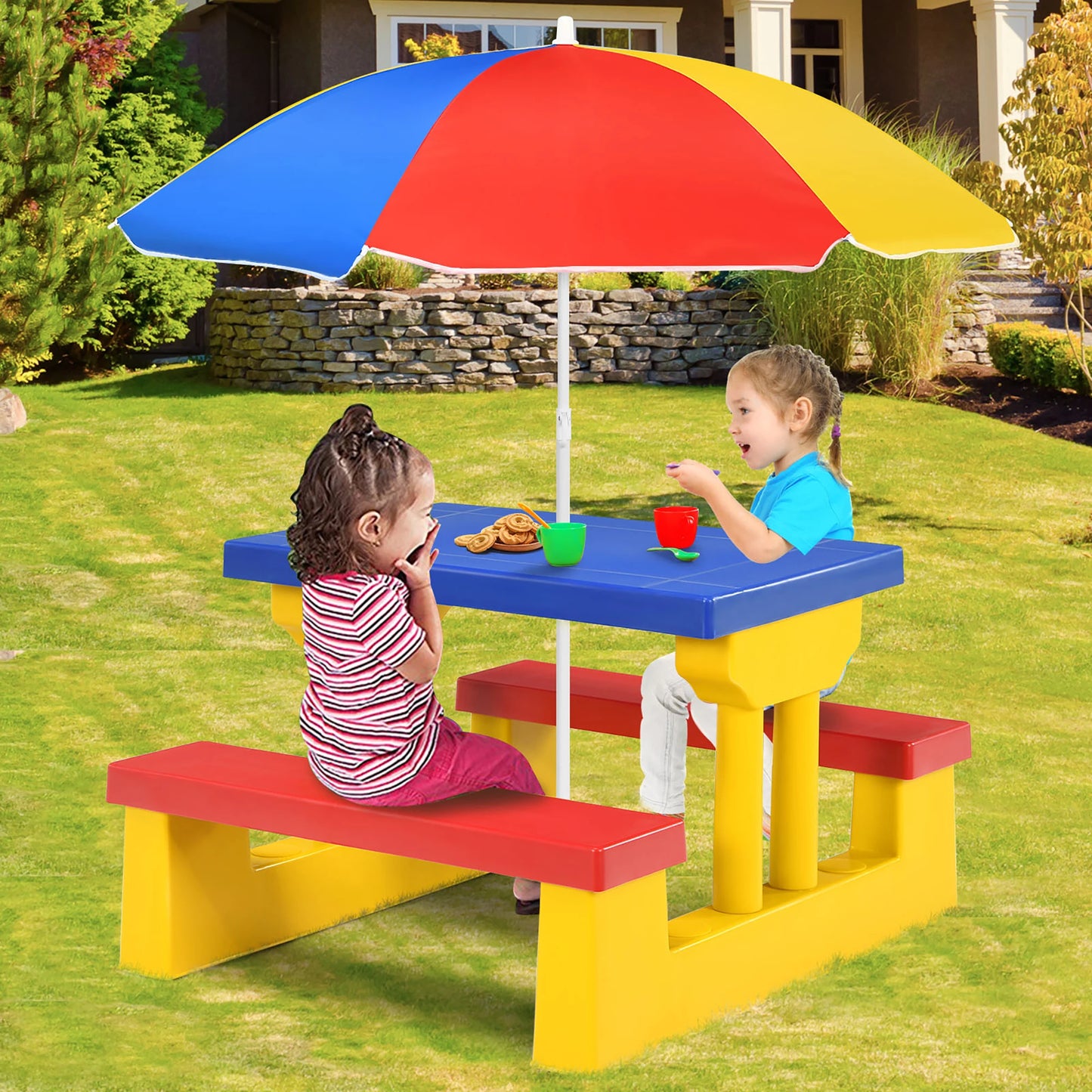 HOMASIS Kids Picnic Table Set With Removable Umbrella Indoor Outdoor