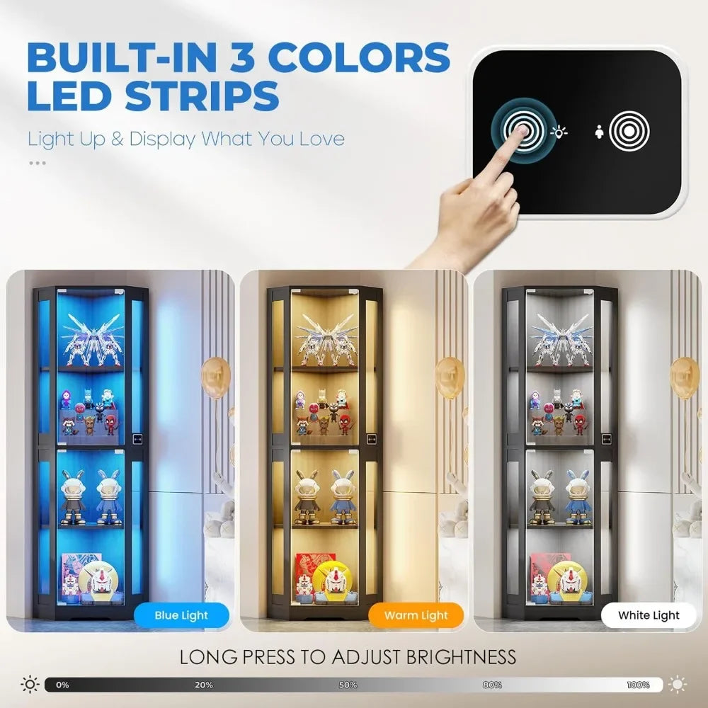 Corner Glass Display Cabinet with LED Lights, 4-Tier Showcase