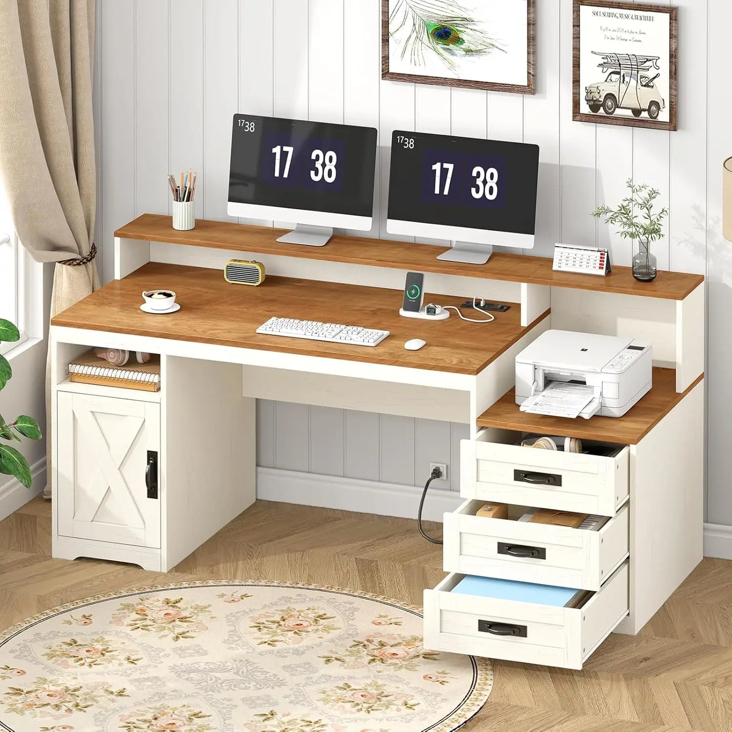 MOYU Farmhouse Computer Desk With Drawers And Printer Stand